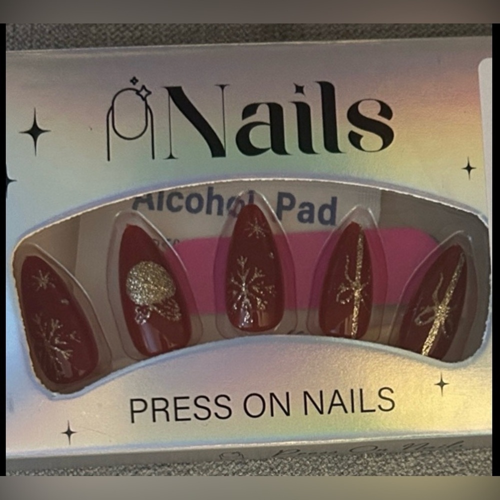 Press-On Burgundy Nails with Gold Snowflake Accents